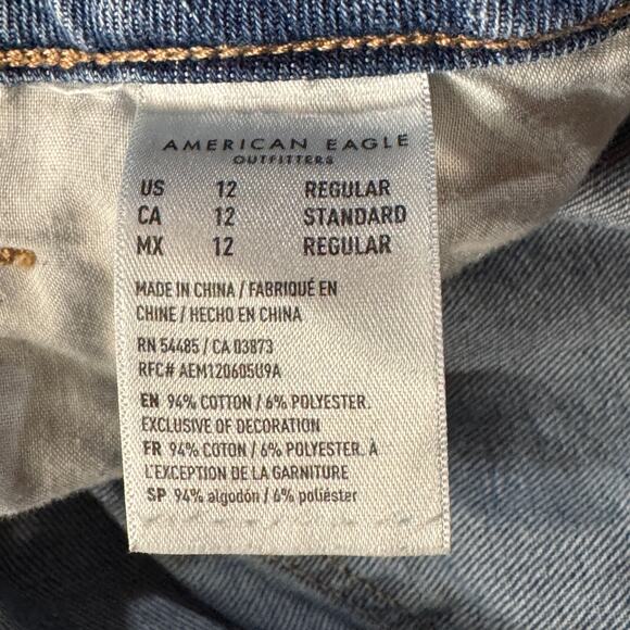 American Eagle SZ 12 Mom Jeans Distressed Rips Hi-Rise Zip-Fly Medium Wash Blue - Picture 11 of 12